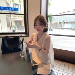 实拍  设计感V领花瓣领花无袖衬衫甜美一件代发