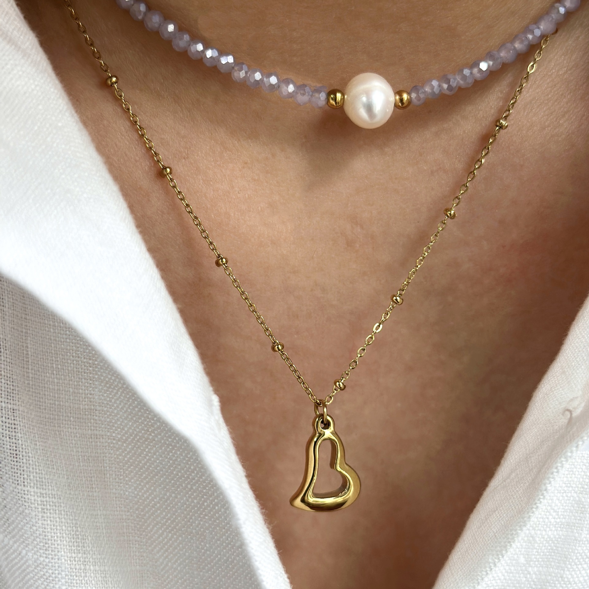 14K Gold Plated Plating Material IG Style Simple Style Geometric Heart Shape Natural Stone Titanium Steel Beaded Plating 14K Gold Plated Women's Rings Necklace
