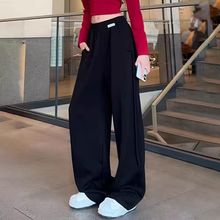 UNMUN冬季新款卫裤加绒加厚阔腿裤运动裤子安可拉红高腰直筒休闲