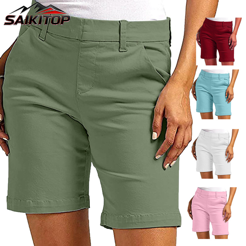 European and American Style Classic Women's Shorts, Comfortable Casual Straight High-Stretch Twill Leggings with Pockets, Solid Color Five-Point Pants