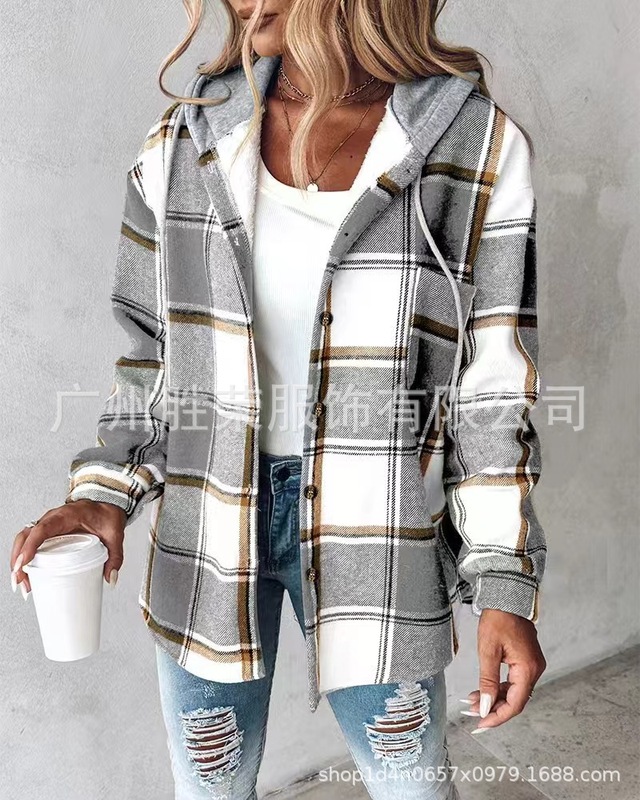 2025 新しいクロスボーダー外国貿易ヨーロッパとアメリカの服アマゾン秋冬ホットスタイル大きなチェック柄プリントフード付きジャケット|undefined