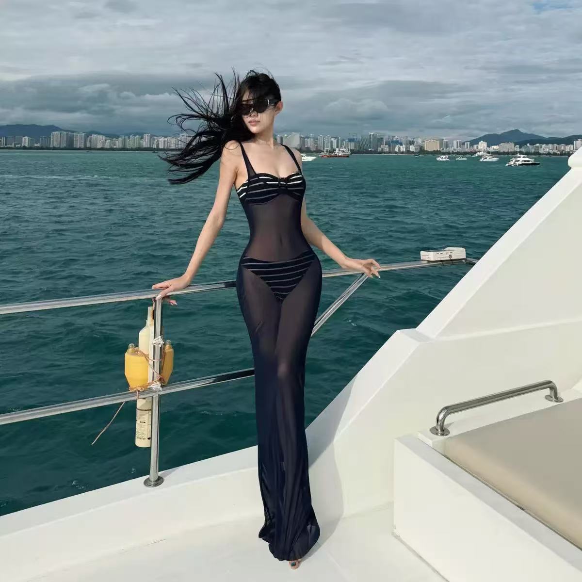 Top de tubo a rayas bikini correas de tres puntos halter bikini surf traje de baño mujer chica caliente Sanya vacaciones aguas termales
