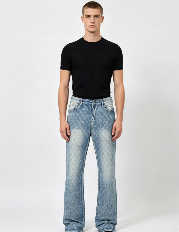 Jeans Rectos con Diamantes para Hombre de Mezclilla de Algodón, Sin Elasticidad, para Uso Diario