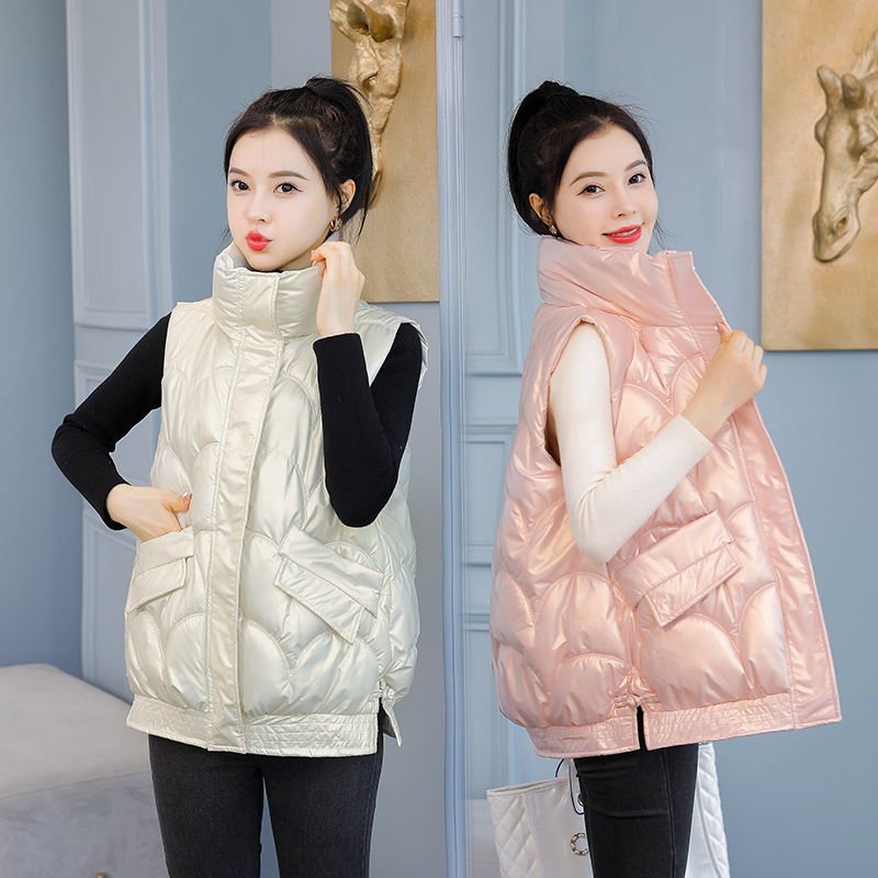 Coreano brillante lavar la capa de algodón de pluma suelta a prueba de viento impermeable chaleco de invierno corto chaleco de hombro chaqueta