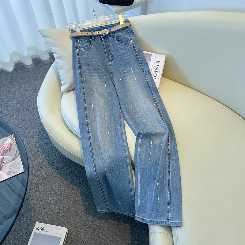 Women's High Waist Rhinestone Embellished Wide Leg Jeans Loose Fit Slimming Straight Leg Drape Autumn/Winter Fashion_ecoleips.com