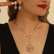 欧美热销金色波西米亚镶嵌水钻镂空花朵项链耳环套装女饰品首饰