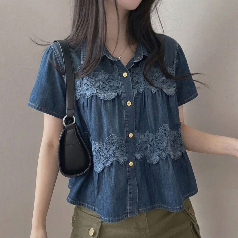 Chic Korean Dongdaemun Women's High-End Fashion French-Style Double-Layer Lace Doll Collar Denim Shirt