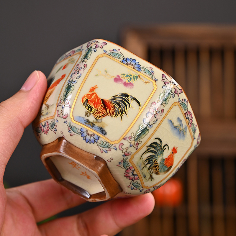 汝窑茶杯缠枝莲金鸡珐琅彩六方杯带礼盒茶盏家用主人杯客杯陶瓷杯|undefined