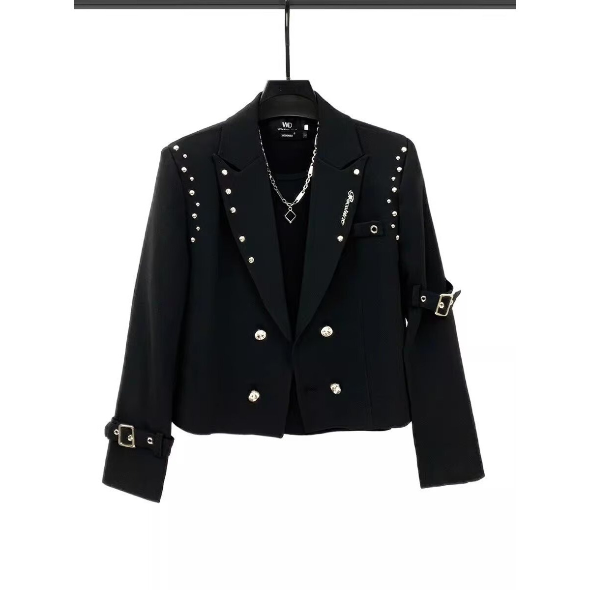 Metal Rivet Design Men's Niche Trendy Double-Breasted Casual Loose Black Short Blazer with Shoulder Pads