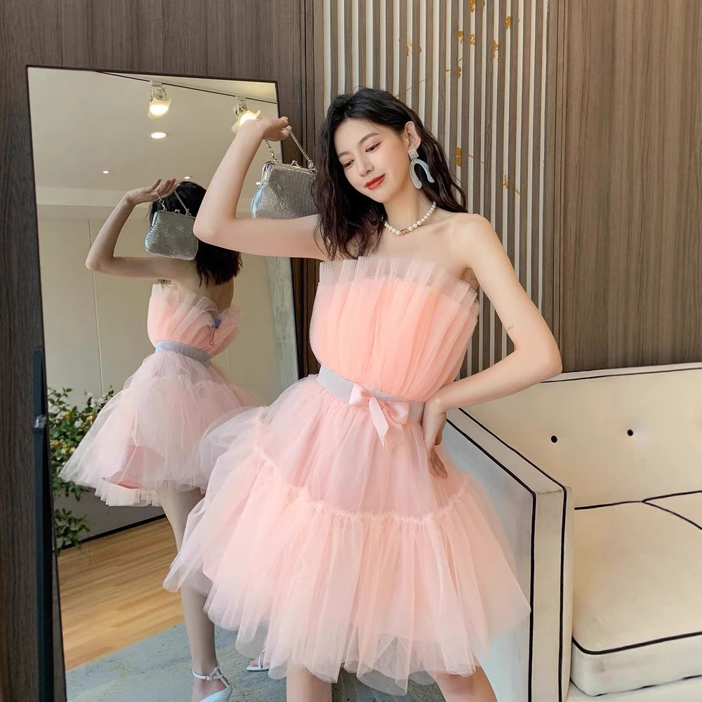 粉色小礼服dollytang设计感蝴蝶结收腰仙女网纱高腰蓬蓬连衣裙
