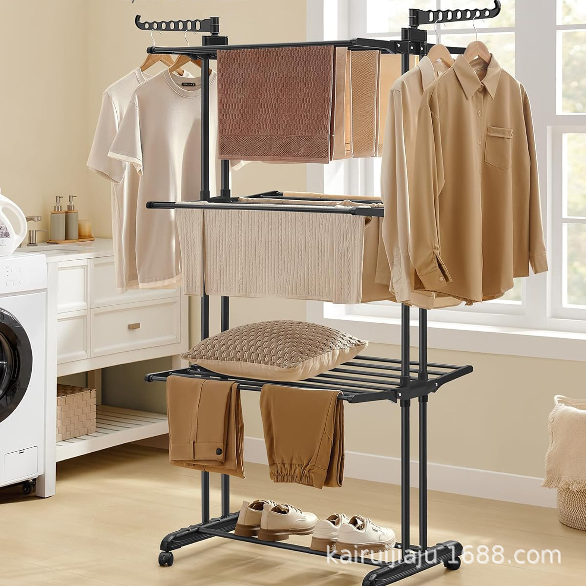 Fábrica multifuncional de piso de tres capas percha de secado de ropa percha de toallas de baño percha de secado de ropa percha de almacenamiento plegable móvil image 3