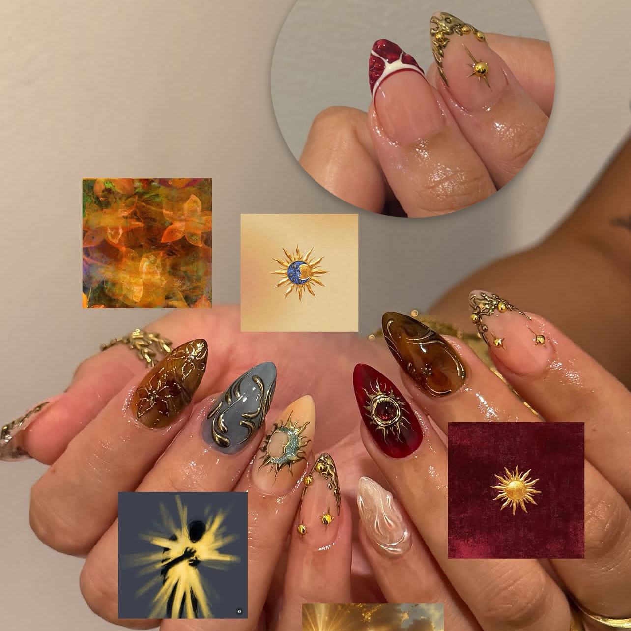 Cross-border 24-piece autumn and winter Thanksgiving vintage cat-eye gold-plated handmade press-on nails with sun, moon, and star designs