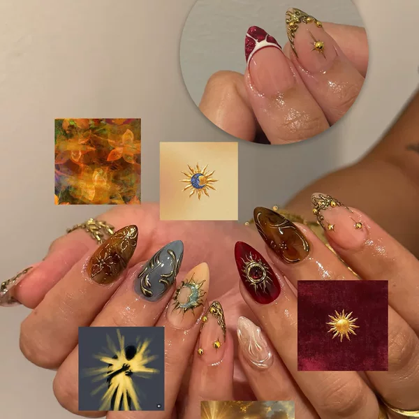 Cross-border 24-piece autumn and winter Thanksgiving vintage cat-eye gold-plated handmade press-on nails with sun, moon, and star designs