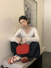 设计感蕾丝拼接白色气质长袖T恤女2025秋季新款修身显瘦百搭上衣