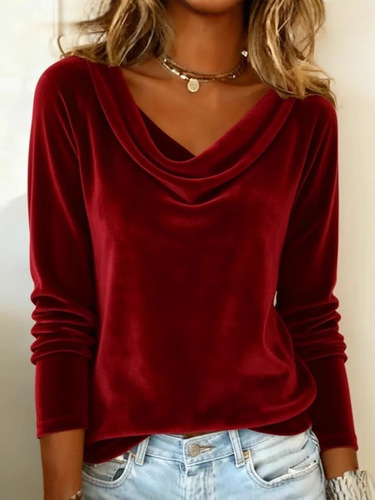 Elegant Women's Fashion New Solid Color V-Neck Long Sleeve Sexy Velvet T-Shirt