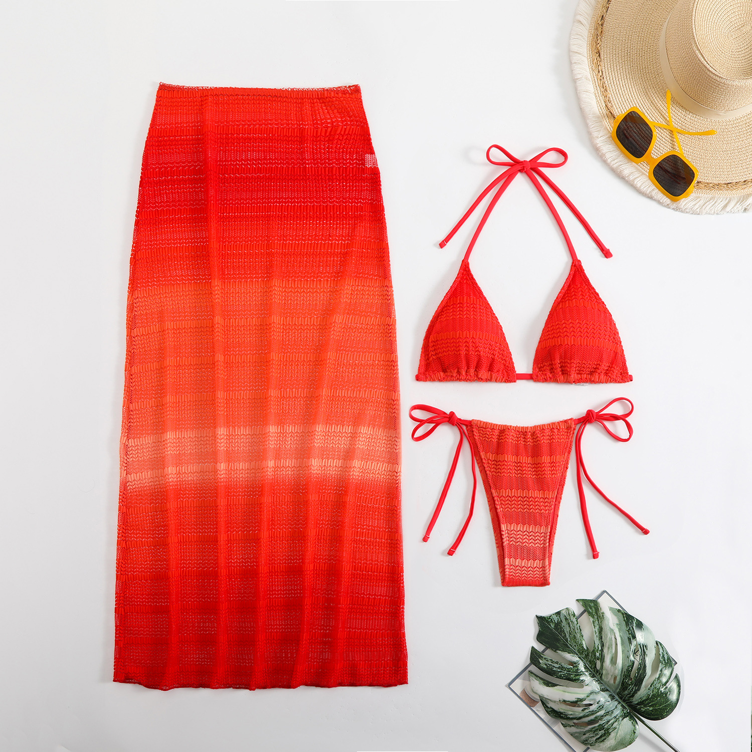 Bikini de Tres Piezas con Falda Larga de Malla de Poliéster para Playa image 8