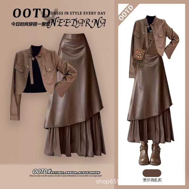 Wasteland Style Autumn New Set of Maillard Style Jacket, Fashionable Suspenders and Western Hip-Hugging Long Skirt Three-Piece Set Wasteland Style Autumn New Set of Maillard Style Jacket, Fashionable Suspenders and Western Hip-Hugging Long Skirt Three-Piece Set