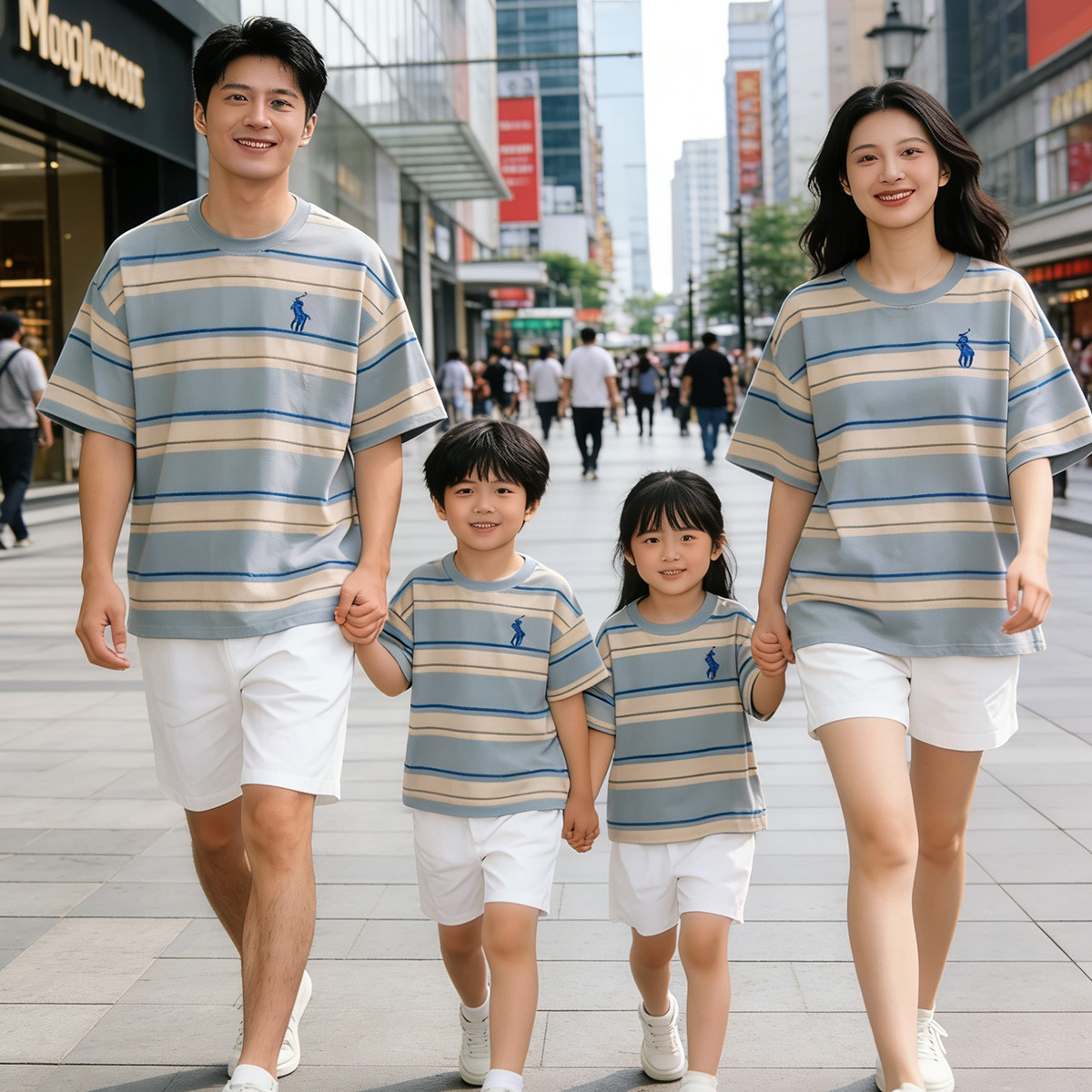 亲子装夏季新款韩版条纹T恤宽松上衣一家三口四口短袖婴儿爬爬服