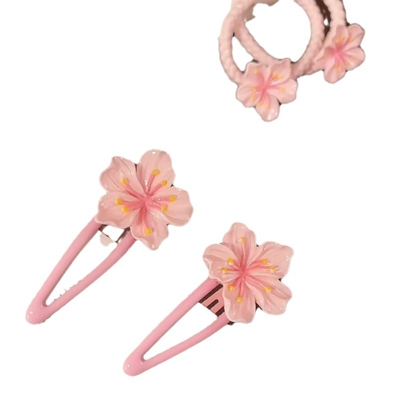 Pink Cherry Blossom Clip Children's Hairpin Rubber Tendon Wavy Side Clip Little Girl's Hairband Hair Rope Hair Clip Does Not Hit Hair Headdress