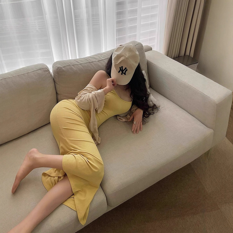 Yellow Sexy Suspender Dress Women's Summer French Style Waist Tight Elastic Hip Skirt Fishtail Long Skirt