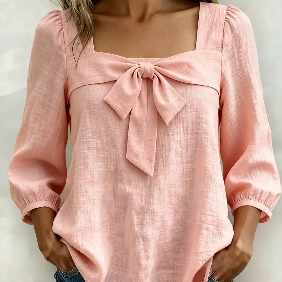 2026 Spring/Summer Foreign Trade European and American Cross-Border Amazon New Women's Fashion Bowknot Solid Color Shirt