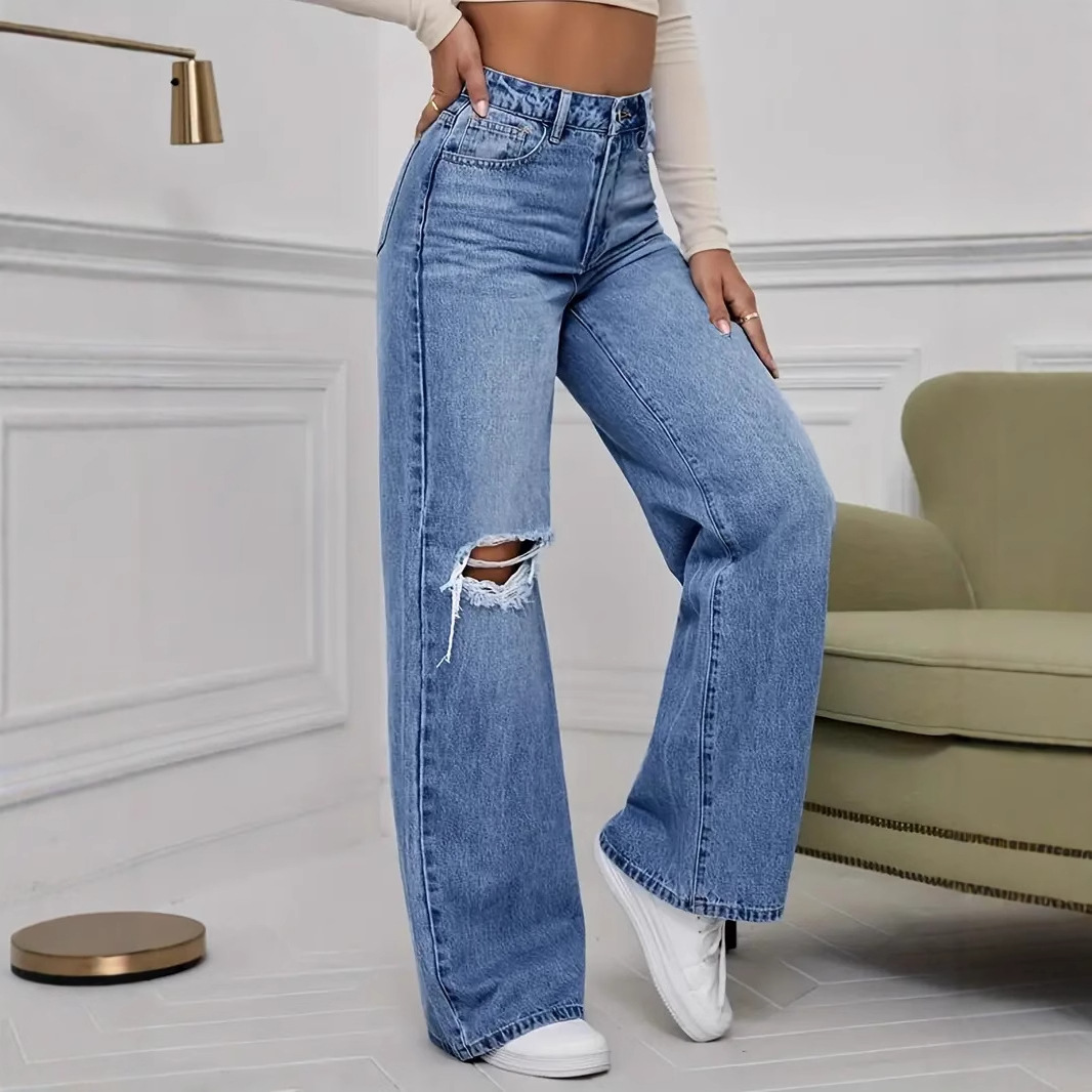 Wide Leg Straight Leg High Waist Floor Pants With Ripped Jeans_ecoleips.com