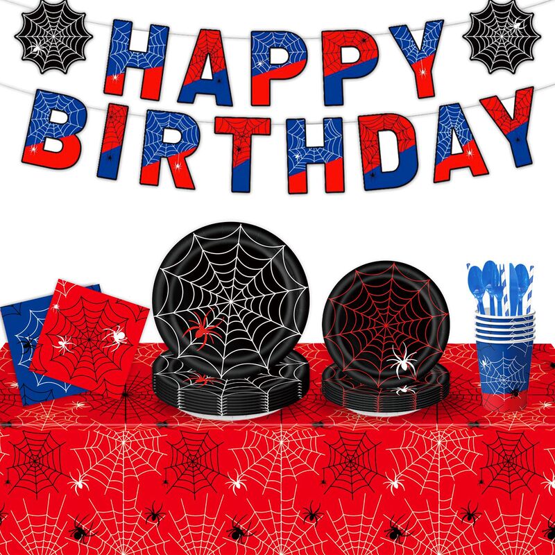 New Spider Web Theme Children's Party Birthday Tableware Paper Tray Paper Cup Tissue Banner Tablecloth Knife Set Supplies