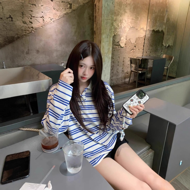 Korean Design Blue Stripesd Knitted Polo Shirt Lapel Right Shoulder Simple Slim T-Shirt Top for Women Korean Design Blue Stripesd Knitted Polo Shirt Lapel Right Shoulder Simple Slim T-Shirt Top for Women