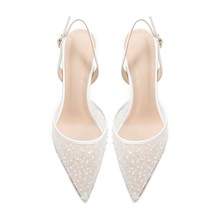 严选2025年夏珠片中空高跟凉鞋女白色蕾丝尖头绸缎主婚鞋细高跟