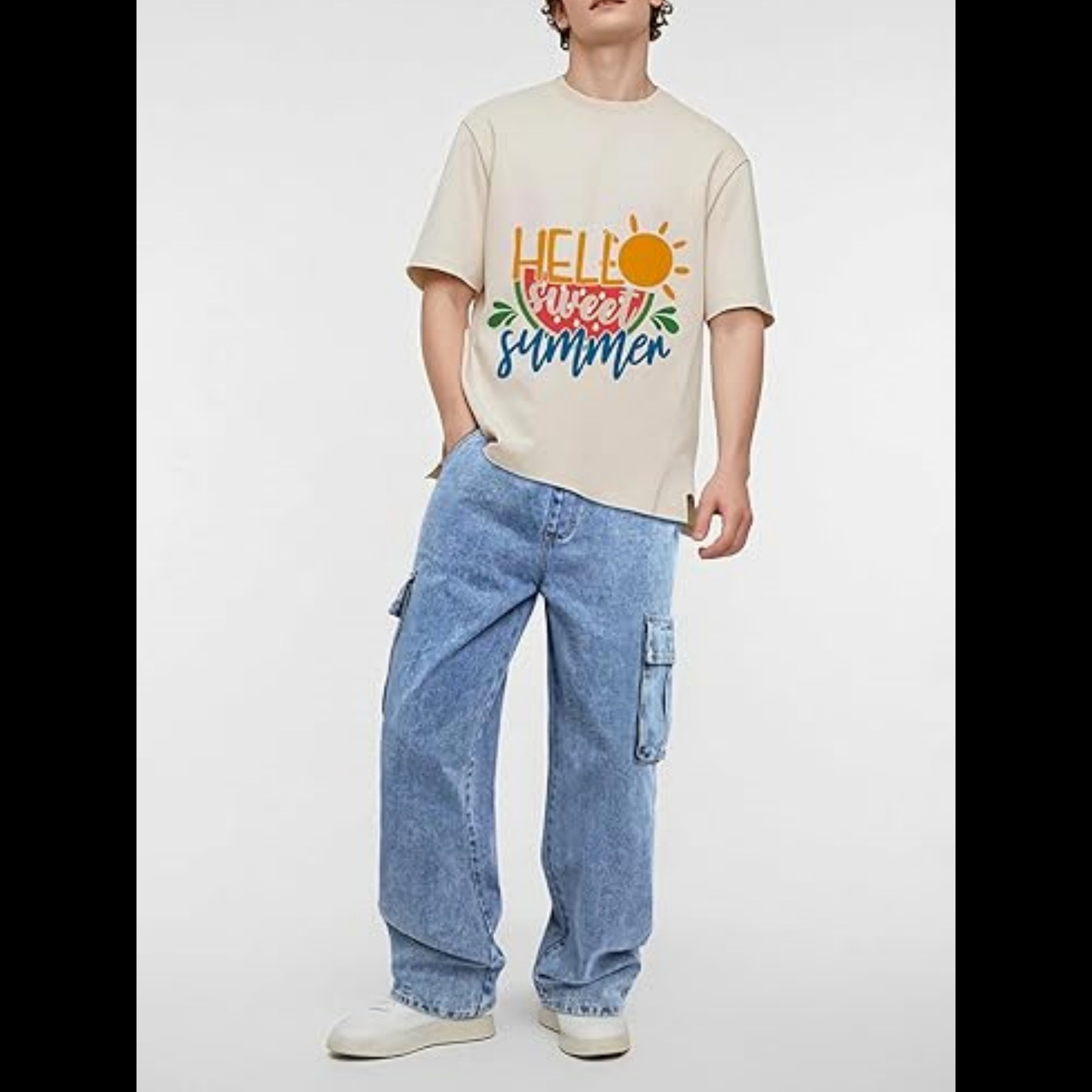 High Street Style Men's Cargo Jeans Multi Pocket Loose Fit Wide Leg Floor Length Drawstring Pants_mkmklike.com