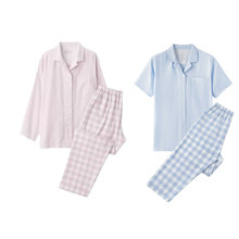 情侣款无侧缝双层纱织睡衣无印短袖长袖 棉女春夏良品家居服套装