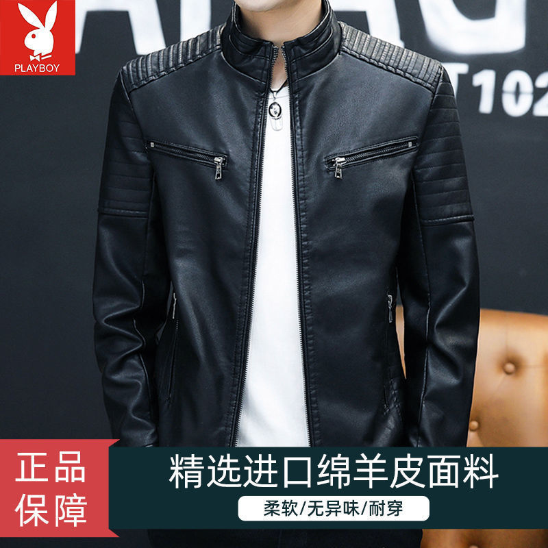 Haining Trendy New Genuine Leather Men's Sheepskin Short Collar Handsome Motorcycle Leather Jacket Coat Spring and Autumn