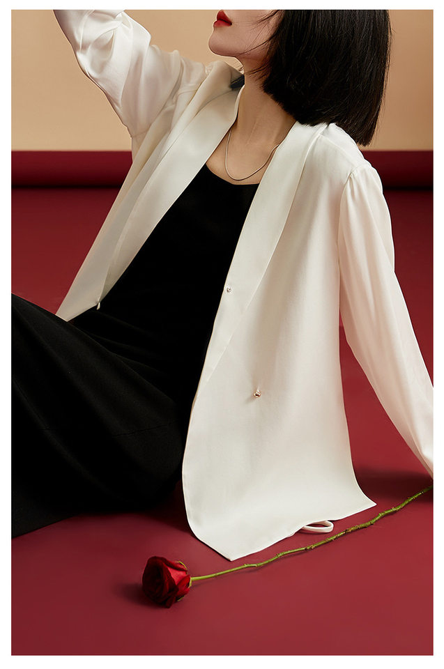 Áo blazer nữ satin thắt eo dáng ôm kiểu Pháp thanh lịch — Trắng ngọc trai, Xám nhạt, Đen đá chi tiết 10