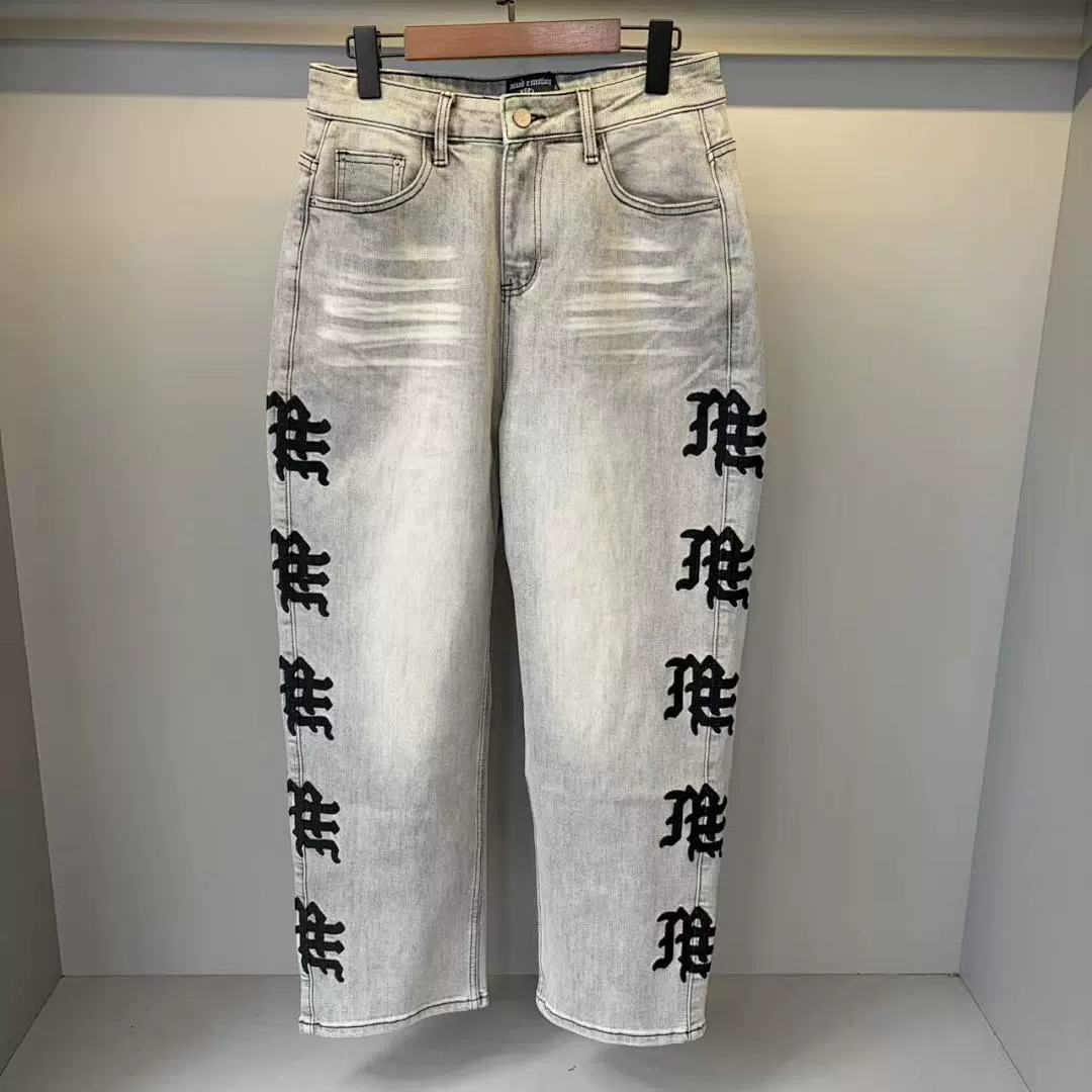 跨境MIXED EMOTION美潮高街水洗做旧刺绣宽松直筒休闲牛仔短裤男