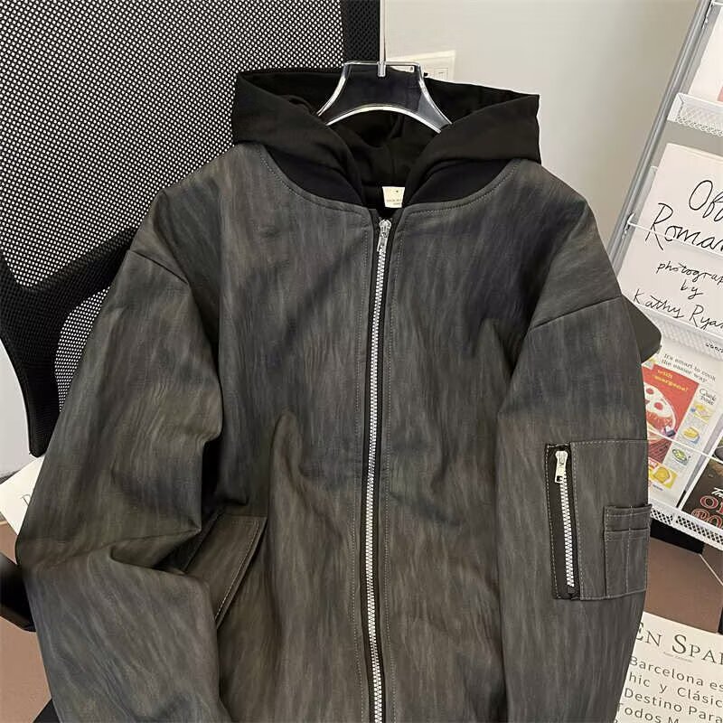 Primavera y otoño ropa de béisbol retro americana suelta corta pareja sombrero chaqueta de textura de cuero pu falso abrigo de dos piezas