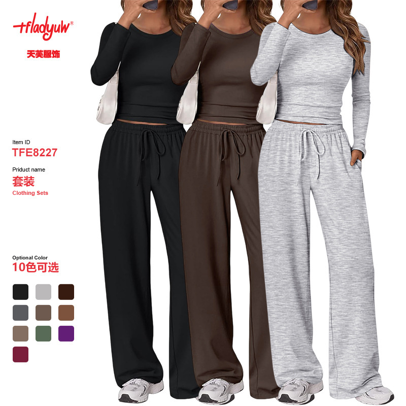 Amazon 2026 New European and American Cross-Border Fashion Casual Suit Sports Yoga Autumn and Winter Solid Color Round Neck Long-Sleeved Women's Clothing