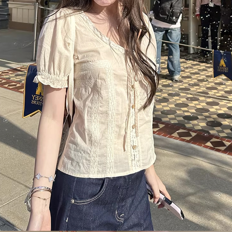 Cotton French Lace Lace-Up Puff-Sleeve Breathable Blouse with a Unique Style, Waist-Cinching Shirt Top, Versatile Sheer Shirt