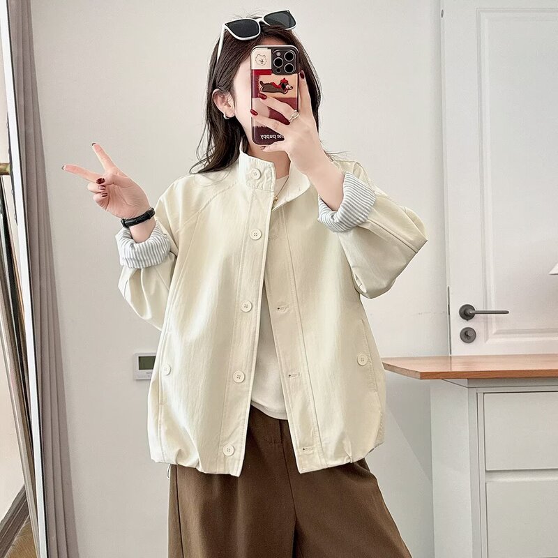 [Special Offer] 2026 Spring Plus Size Slimming Versatile Solid Color Stand Collar Jacket Top 100kg Plus Size Women's Coat 9512