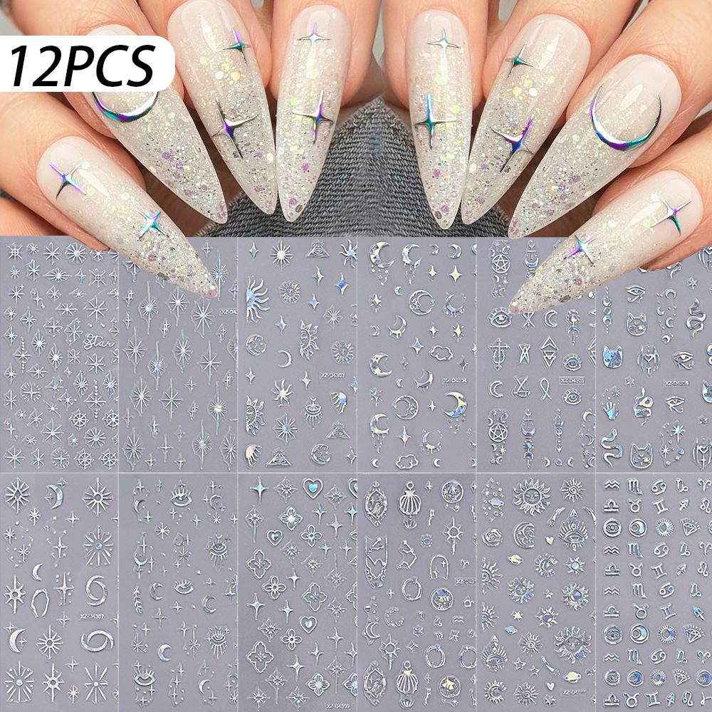 12-Piece Set of Cross-Border Four-Pointed Star Nail Art Stickers, Rose Gold and Silver Adhesive-Backed Self-Adhesive Star and Crescent Nail Art Stickers