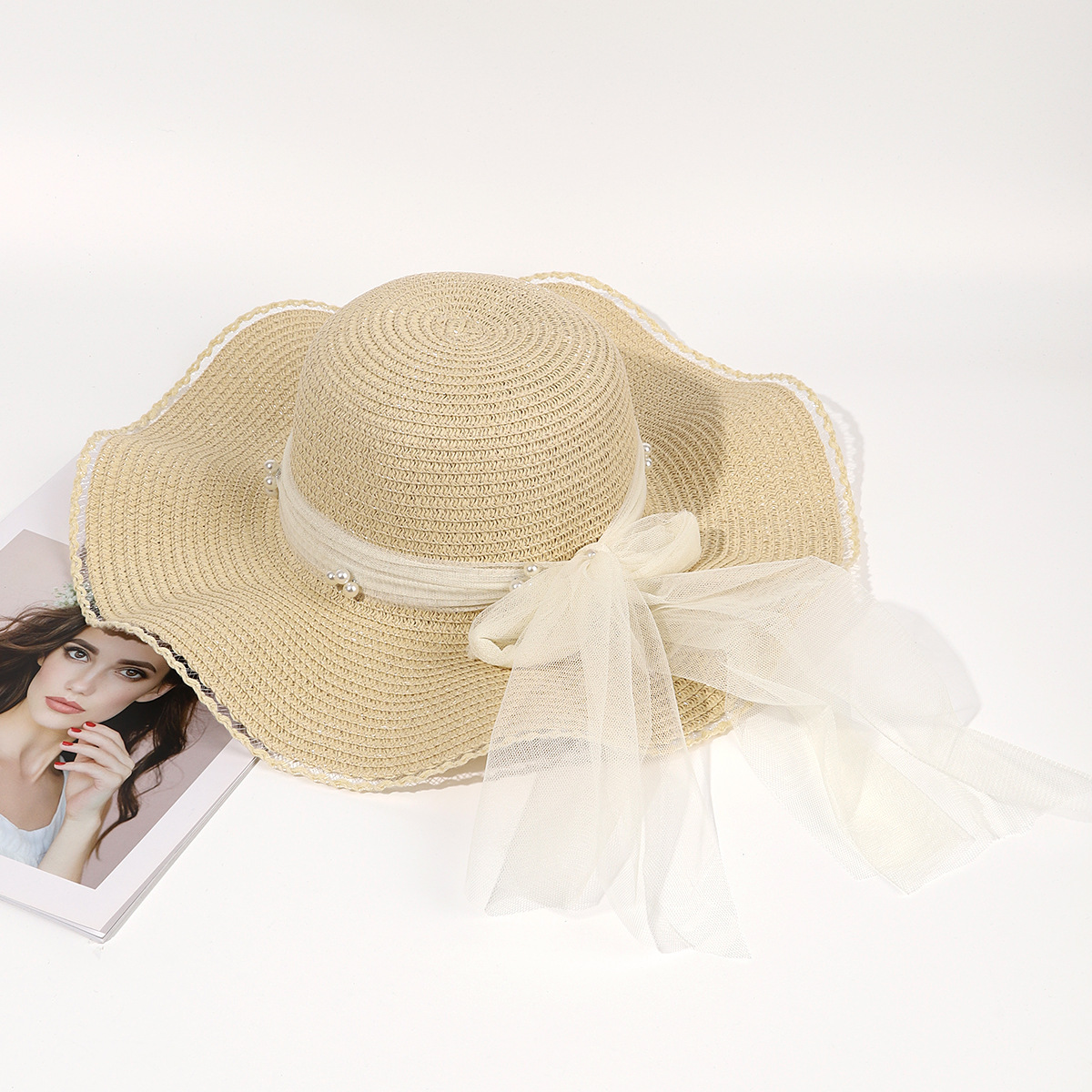 Sombrero de paja de viaje de verano flor sombrero de playa protección solar sombrero de sol ala grande paja tejida a mano arco sombrero de sol