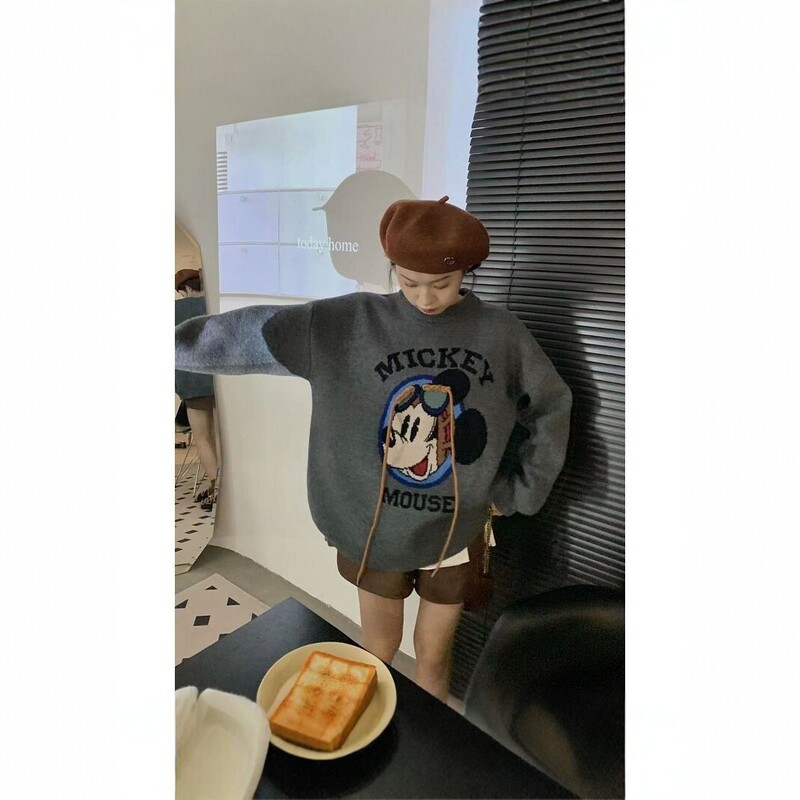 Cartoon Embroidered Mickey Sweater for Women, New Autumn and Winter Loose Round Neck Pullover Knitwear, Casual Long Sleeve Top