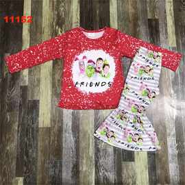 精品外贸婴幼儿欧美跨境外贸批发女孩圣诞节红色长袖喇叭裤套装