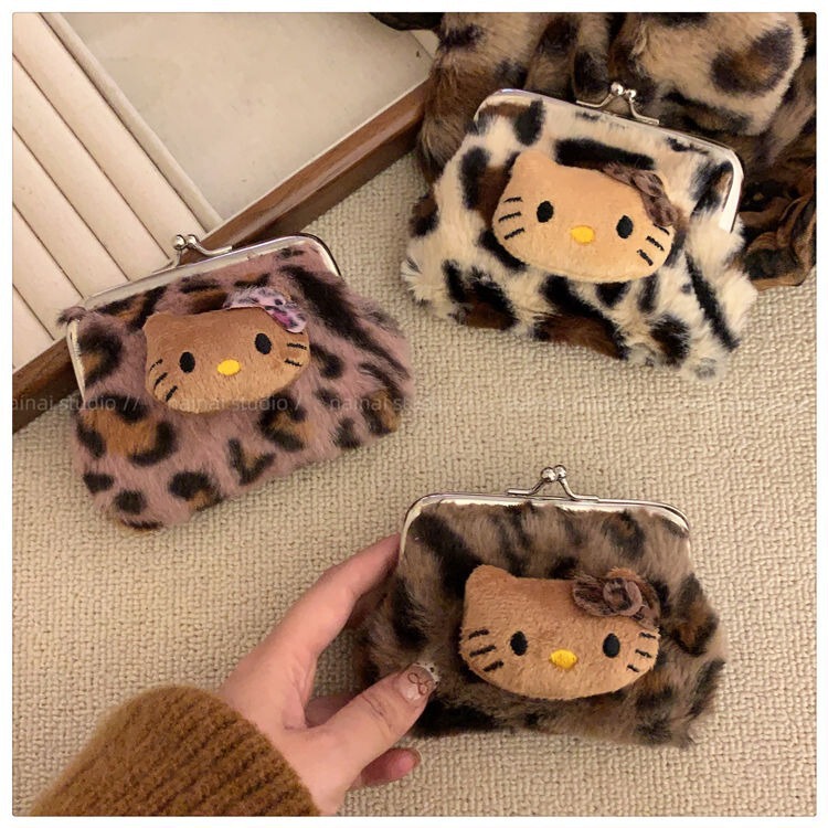 Kitty Leopard Print Coin Purse Plush Carry-on Bluetooth Headset Bag KT Cat Cosmetic Bag Storage Bag
