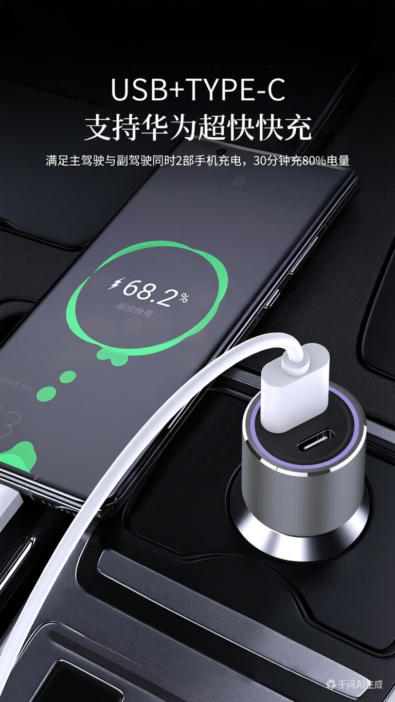 Car Charger Pd20W Super Fast Charging Metal Body Dual-Port Flash Charging with Led Ambient Light Car Charger
