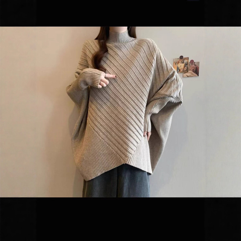 European and American style irregular top with bat sleeves, women's knitted sweater, loose-fitting tummy-covering pullover, plus size, high collar European and American style irregular top with bat sleeves, women's knitted sweater, loose-fitting tummy-covering pullover, plus size, high collar