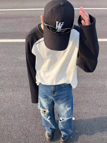 2025 New Style Long-Sleeve Collared T-Shirt with Color Block Loose Splicing for Men and Women, Fashion Model Base Top for Layering