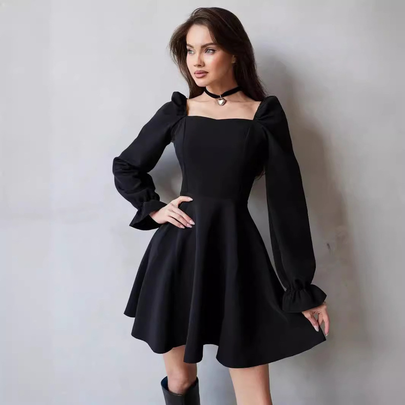 Foreign trade Women's independent station AliExpress New Fashion square collar puff sleeve high waist slimming dress evening dress