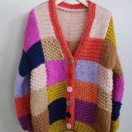 亚马逊秋冬新款欧美风纯手工彩虹方格撞色粗针毛衣外套女sweater