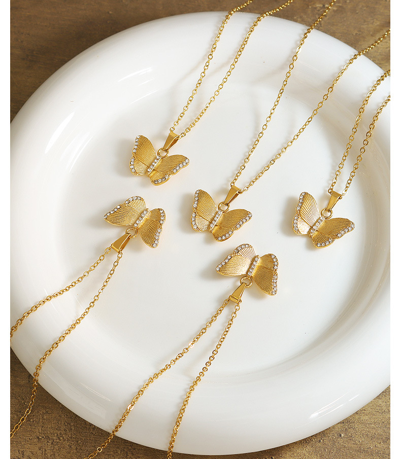 Fashion Butterfly Titanium Steel Pendant Necklace Plating Inlay Zircon Stainless Steel Necklaces
