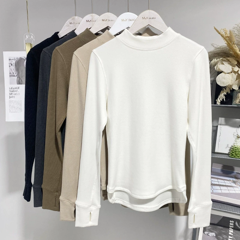 Женская футболка с длинными рукавами в том же стиле Lulu, осенне-зимняя спортивная теплая облегающая универсальная водолазка с коротким воротом, Однотонная рубашка с натуральным бархатом